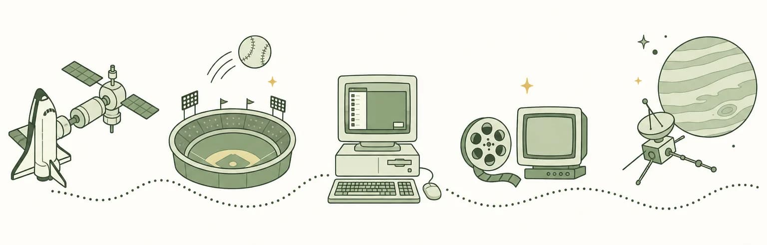 A cartoon timeline of 1995: a space shuttle docked to a space station, a baseball over a stadium, a desktop computer with a start menu, a film reel beside a computer monitor, and a space probe near a giant striped planet