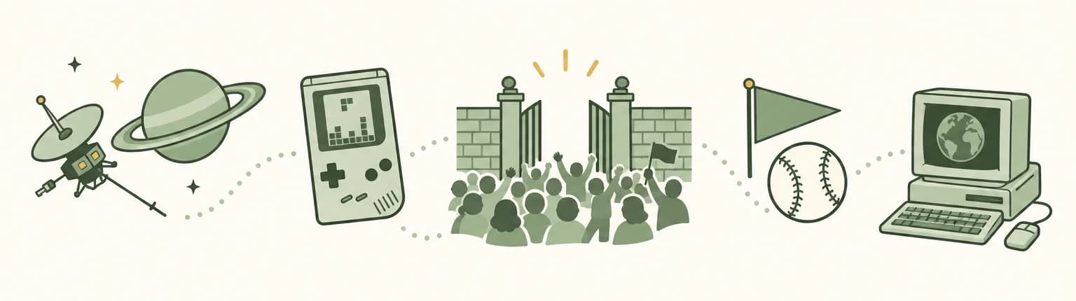 A cartoon timeline of 1989: a space probe passing a ringed planet, a handheld game console showing falling blocks, a brick wall with an open gate and cheering crowd, a baseball with a pennant and a boxy computer with a globe on its screen