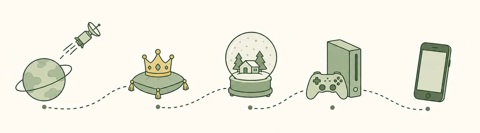 A cartoon timeline of 2013: a space probe leaving a planet's orbit, a small crown on a cushion, a snow globe, a game console and a smartphone