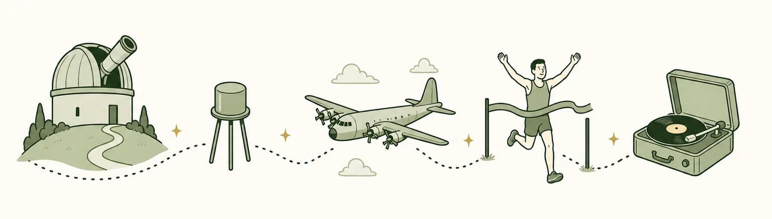A cartoon timeline of 1948: a hilltop observatory dome with a giant telescope, a small three-legged transistor, a cargo plane in flight, a runner crossing a finish line and a vinyl record spinning on a turntable