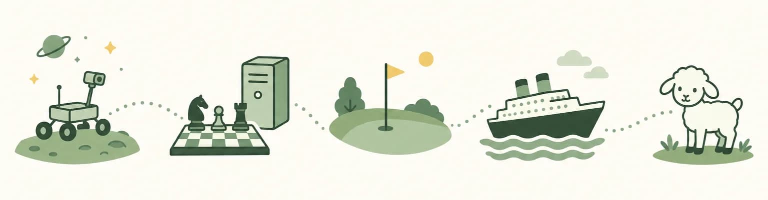 A cartoon timeline of 1997: a small rover on Mars, a chess board beside a computer tower, a golf flag on a green hill, an ocean liner at sea and a lamb