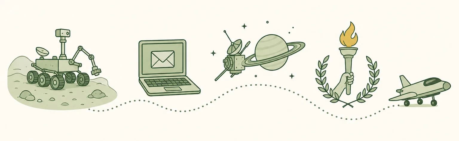 A cartoon timeline of 2004: a six-wheeled rover on a rocky planet, a laptop showing an envelope, a spacecraft beside a ringed planet, an Olympic torch with an olive wreath and a small rocket plane