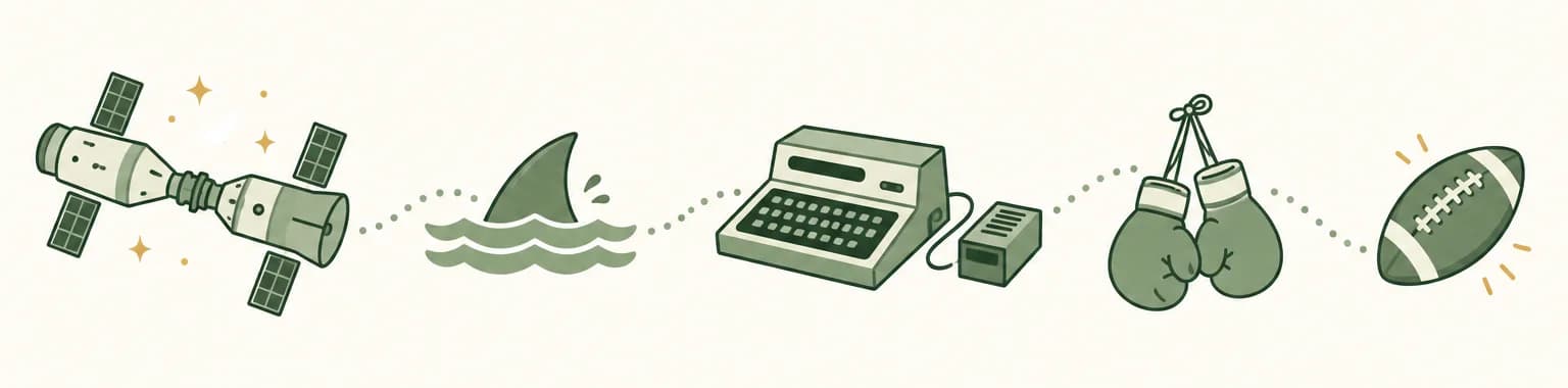 A cartoon timeline of 1975: two spacecraft docked in orbit, a shark fin above the waves, a home computer kit, a pair of boxing gloves and a football
