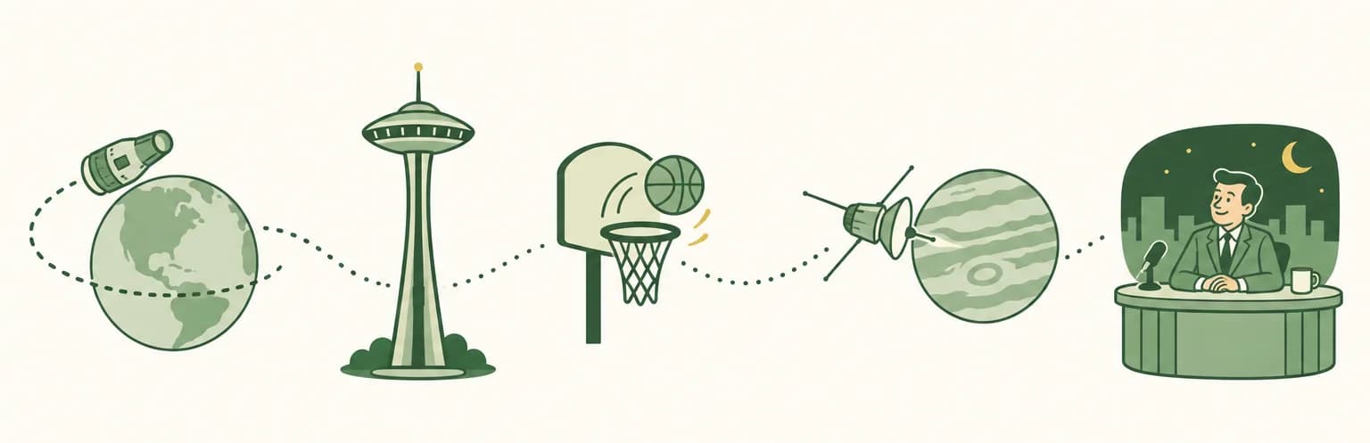 A cartoon timeline of 1962: a space capsule circling a globe, a tall tower with a saucer-shaped top, a basketball swishing through a hoop, a probe passing a cloudy planet and a late-night TV set with a host's desk and mug