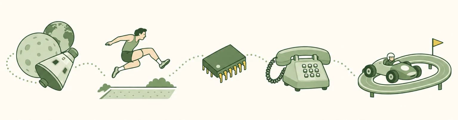 A cartoon timeline of 1968: a capsule circling the Moon with Earth rising behind it, a long jumper in mid-air, a microchip, an old push-button telephone and a toy race car on a looping track