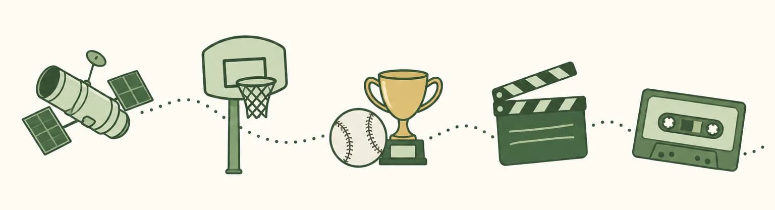 A cartoon timeline of 1991: a space observatory satellite, a basketball hoop, a baseball with a trophy, a movie clapperboard and a cassette tape