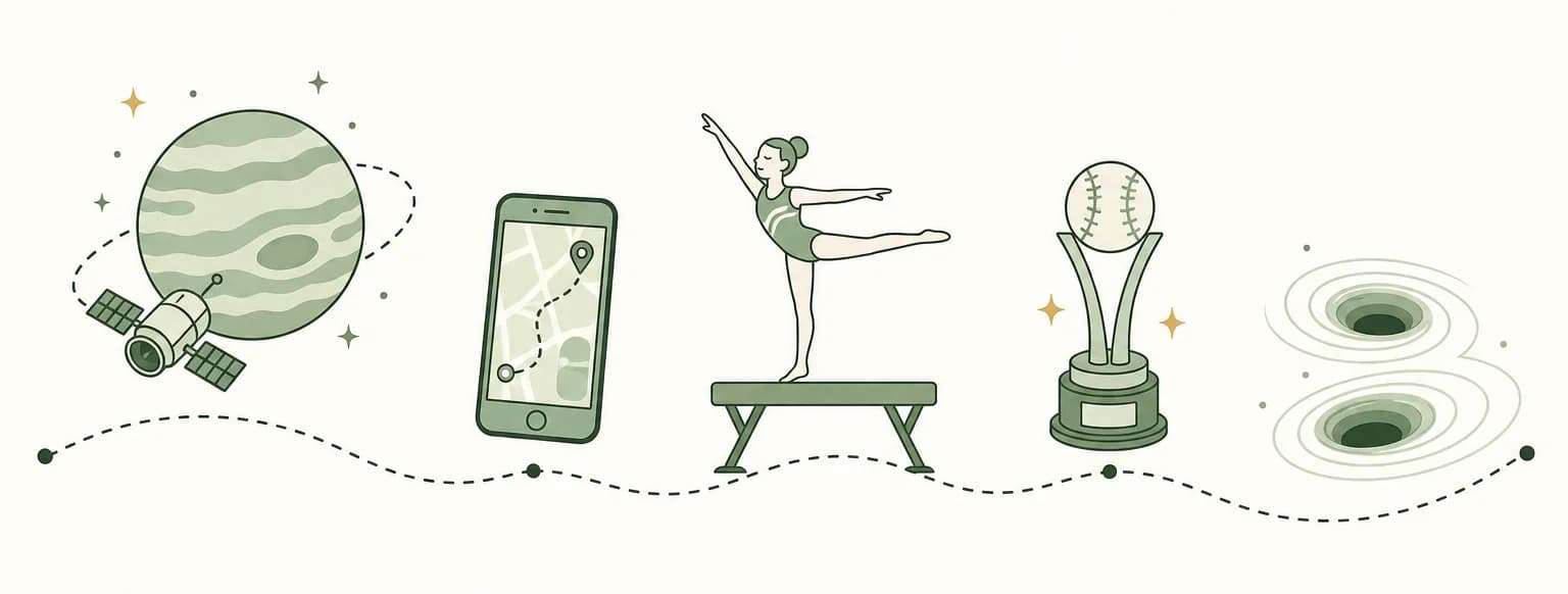 A cartoon timeline of 2016: a spacecraft orbiting a giant striped planet, a smartphone showing a map with a walking path, a gymnast on a balance beam, a baseball trophy and two spiraling black holes sending out ripples