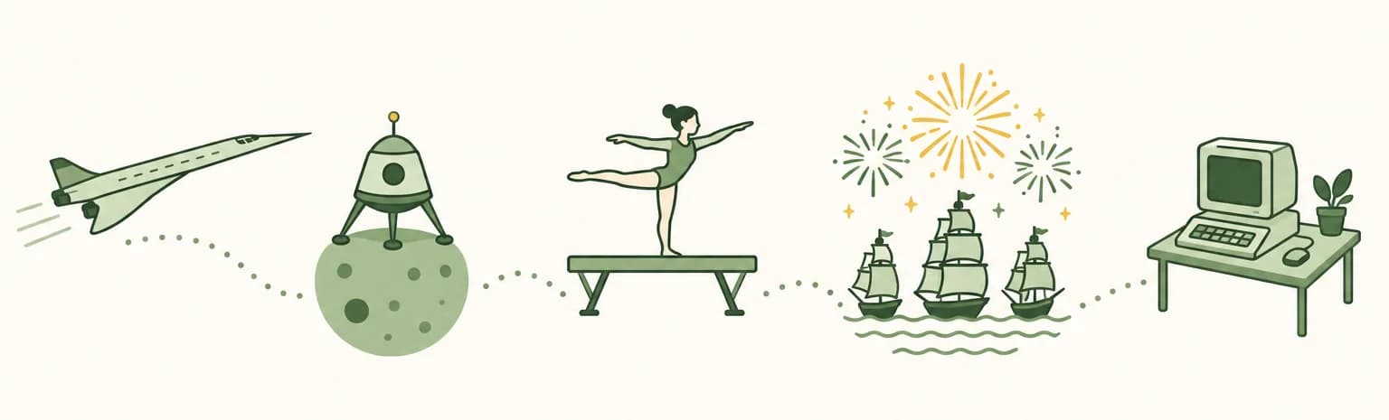 A cartoon timeline of 1976: a supersonic jet, a lander on a planet, a gymnast on a beam, tall ships under fireworks and a home computer