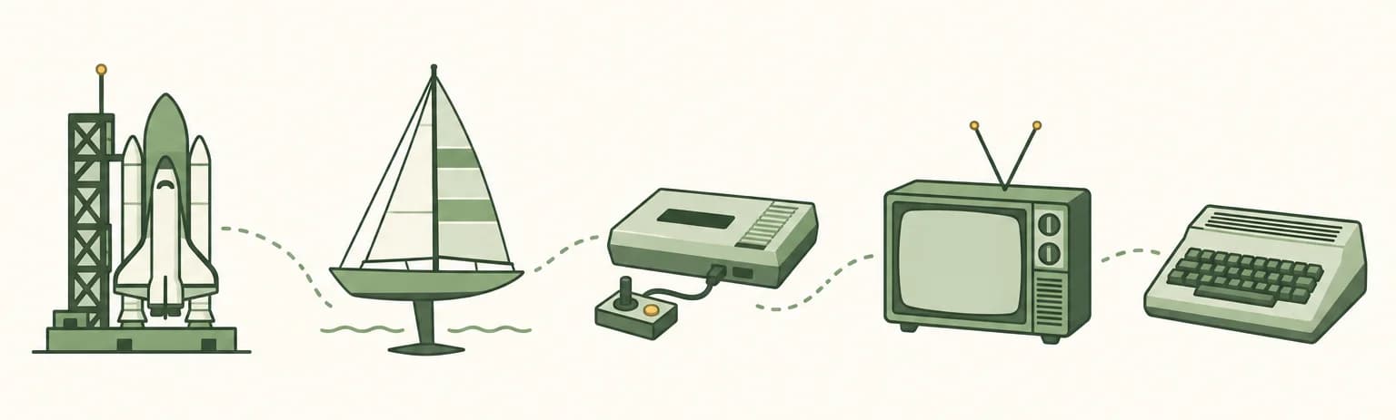 A cartoon timeline of 1983: a space shuttle on a launch pad, a racing yacht with a winged keel, a home game console, a television set and an early home computer