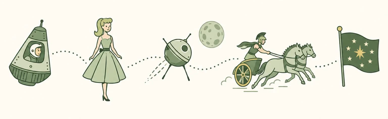 A cartoon timeline of 1959: a one-person space capsule, a fashion doll, a round probe heading for the Moon, a chariot race and a flag with extra stars