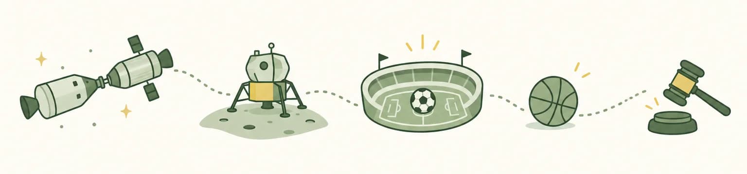 A cartoon timeline of 1966: two spacecraft docked in orbit, a small lander on the Moon, a soccer ball in a stadium, a basketball and a gavel