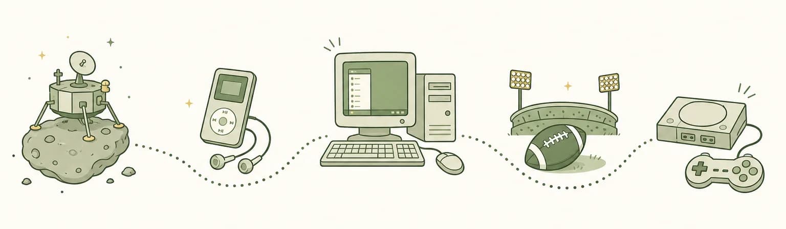 A cartoon timeline of 2001: a small spacecraft landing on an asteroid, a pocket music player, a desktop computer with a start menu, a football under stadium lights and a game console