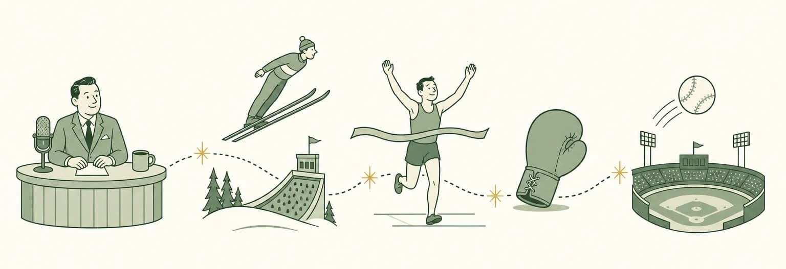 A cartoon timeline of 1952: a morning-show desk with a coffee mug, a ski jumper in a snowy stadium, a runner breaking a finish tape, a boxing glove and a baseball over a ballpark
