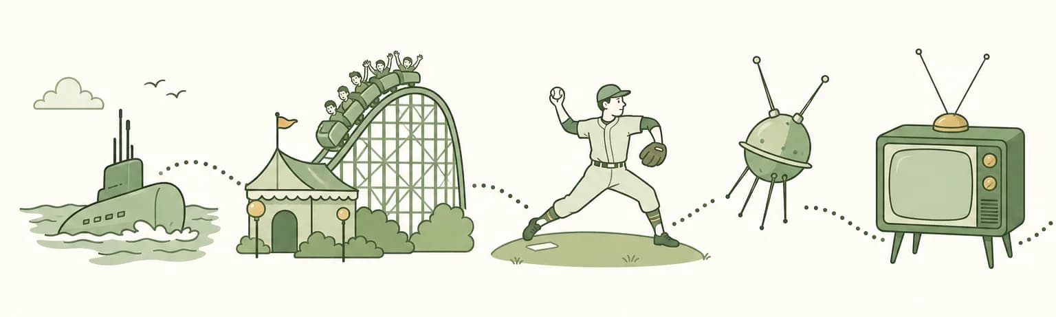 A cartoon timeline of 1955: a submarine surfacing, a roller coaster at a new theme park, a baseball pitcher mid-throw, a small satellite with antennas and a tube television