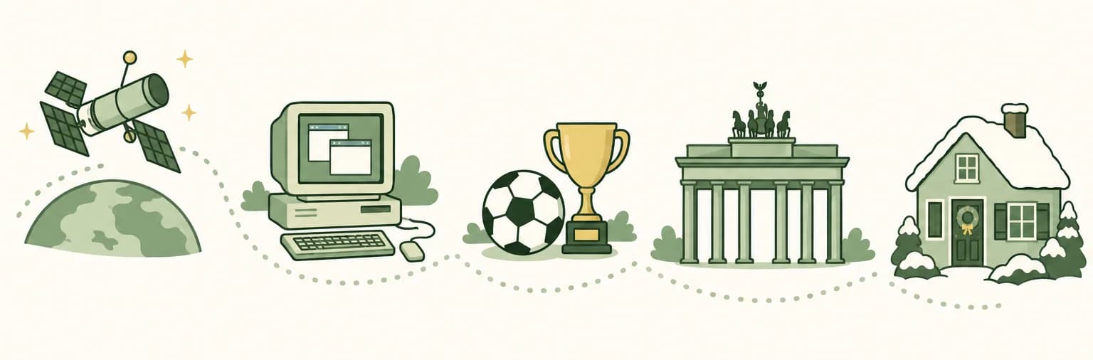 A cartoon timeline of 1990: a space telescope with solar panels orbiting above a planet, a desktop computer with overlapping windows, a soccer ball beside a trophy, a stone gateway with a chariot statue on top and a snow-dusted house with a wreath on the door