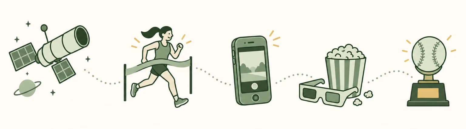 A cartoon timeline of 2009: a planet-hunting space telescope in orbit, a sprinter crossing a finish line, a smartphone with a camera, a pair of 3-D glasses beside a popcorn bucket and a baseball trophy