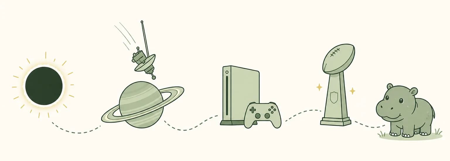 A cartoon timeline of 2017: the Sun fully covered by the Moon, a probe diving toward a ringed planet, a game system with detachable controllers, a football trophy and a baby hippo