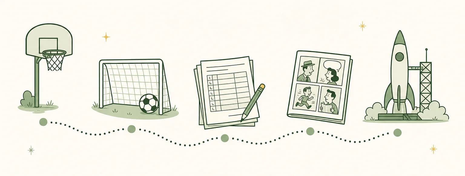A cartoon timeline of 1950: a basketball hoop, a soccer ball at the edge of a goal, a stack of census forms with a pencil, a newspaper comics page and a rocket on a launch pad