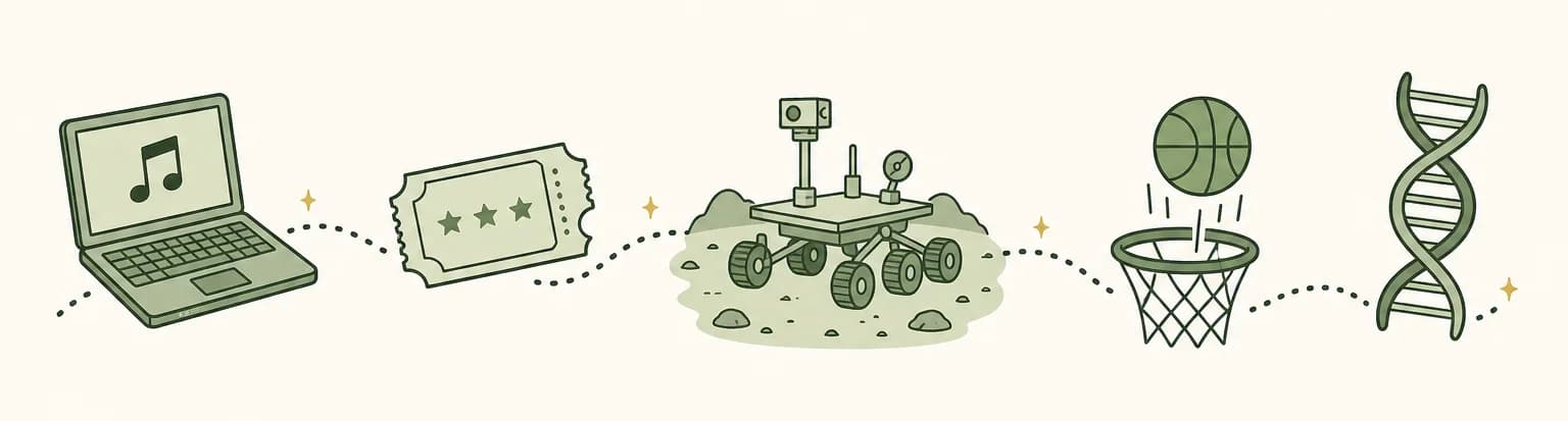 A cartoon timeline of 2003: a laptop with a musical note on its screen, a movie ticket, a six-wheeled rover on a rocky planet, a basketball dropping through a hoop and a double helix strand
