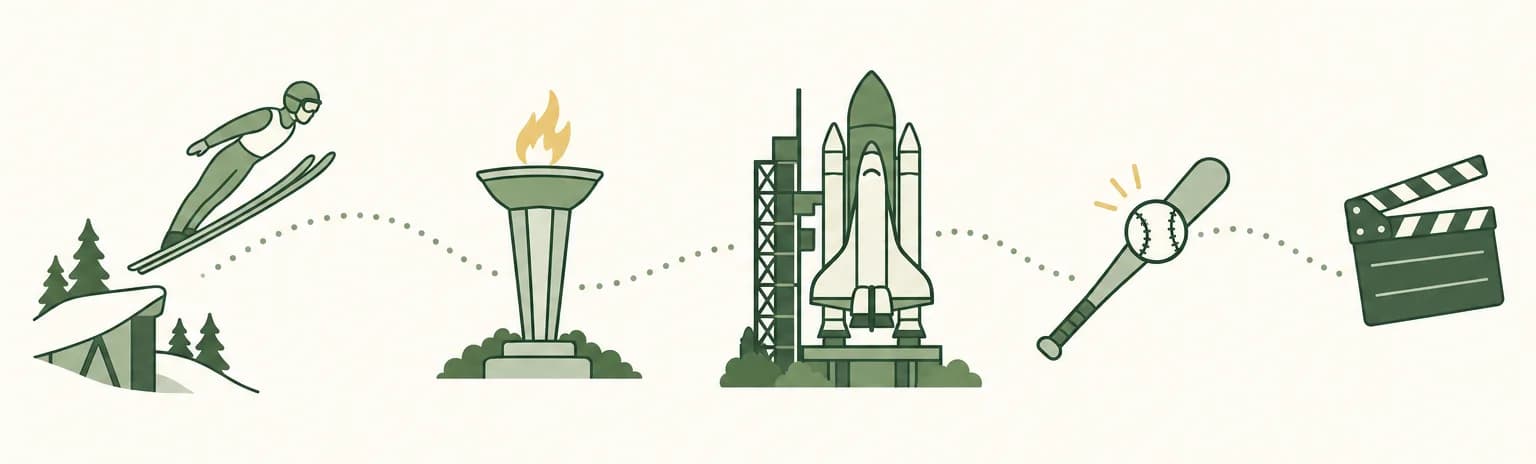 A cartoon timeline of 1988: a ski jumper soaring off a snowy ramp, an Olympic cauldron with a flame, a space shuttle on a launch pad, a baseball bat meeting a ball and a film clapperboard