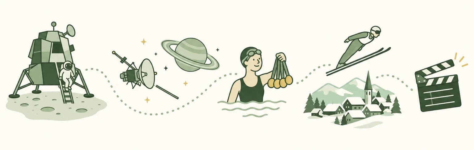 A cartoon timeline of 1972: a lunar lander on the Moon, a probe flying toward a ringed planet, a swimmer holding a row of medals, a ski jumper above a snowy town and a clapperboard