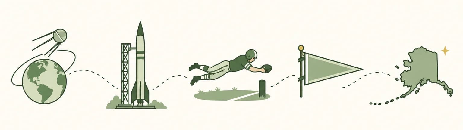 A cartoon timeline of 1958: a slim satellite orbiting a small globe, a rocket on a launch pad, a football player diving over a goal line, a baseball pennant and a map outline of Alaska