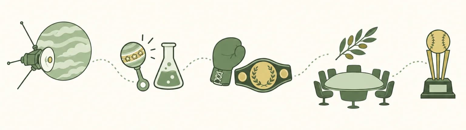 A cartoon timeline of 1978: a probe circling a cloudy planet, a baby's rattle beside a lab flask, a boxing glove and championship belt, an olive branch over a conference table and a baseball trophy