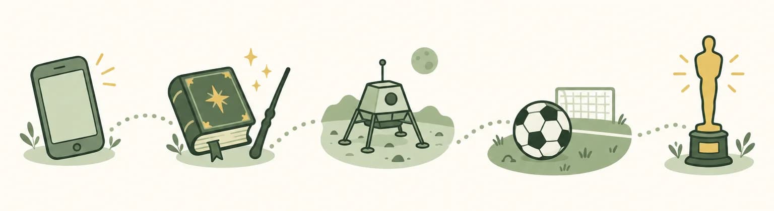 A cartoon timeline of 2007: a touchscreen phone, a thick wizard book beside a wand, a lander on Mars, a football on a field and an award statuette