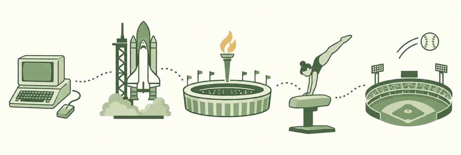 A cartoon timeline of 1984: a compact computer with a mouse, a space shuttle on a launch pad, an Olympic torch above a stadium, a gymnast on a vault and a baseball over a ballpark