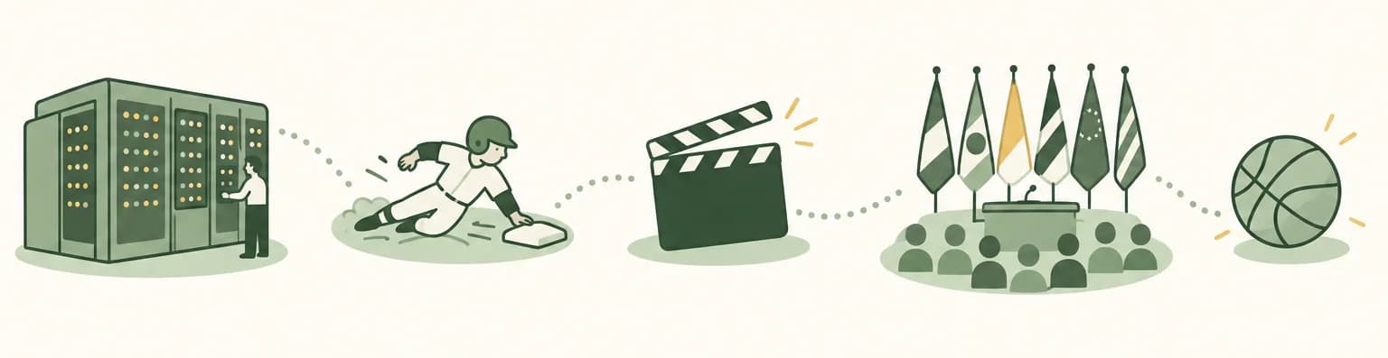 A cartoon timeline of 1946: a room-sized computer with blinking panels, a baseball player sliding into a base, a film clapperboard, a row of national flags at a meeting hall and a basketball
