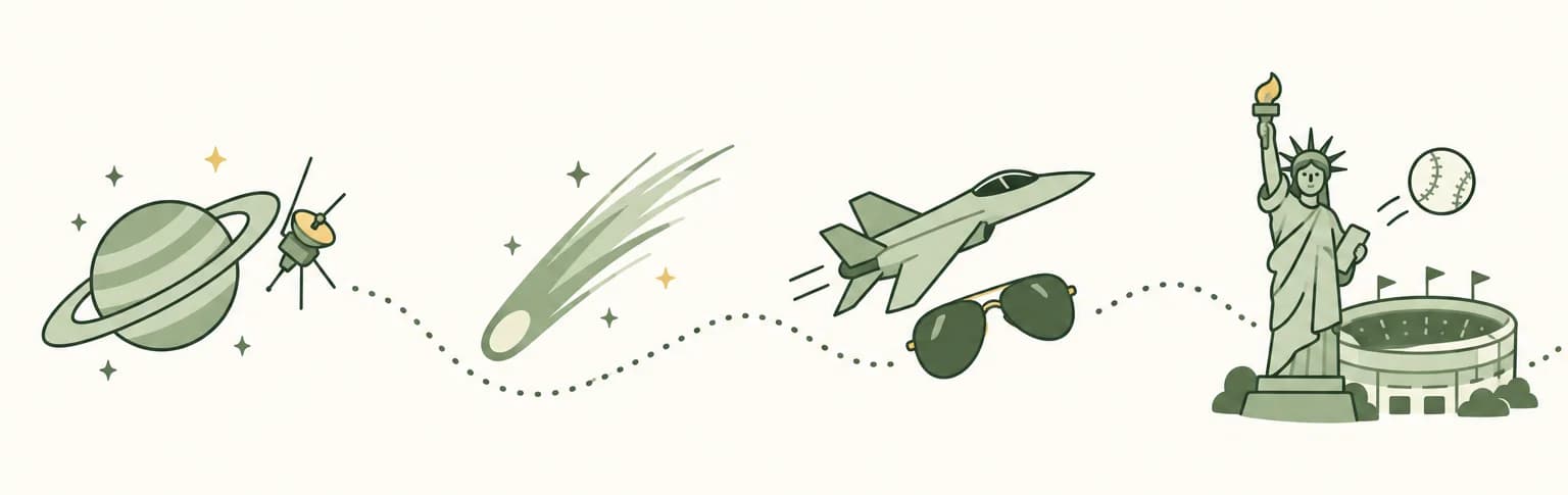 A cartoon timeline of 1986: a tilted ringed planet with a small space probe, a comet with a long tail, a fighter jet beside aviator sunglasses, a copper statue holding a torch and a baseball over a stadium