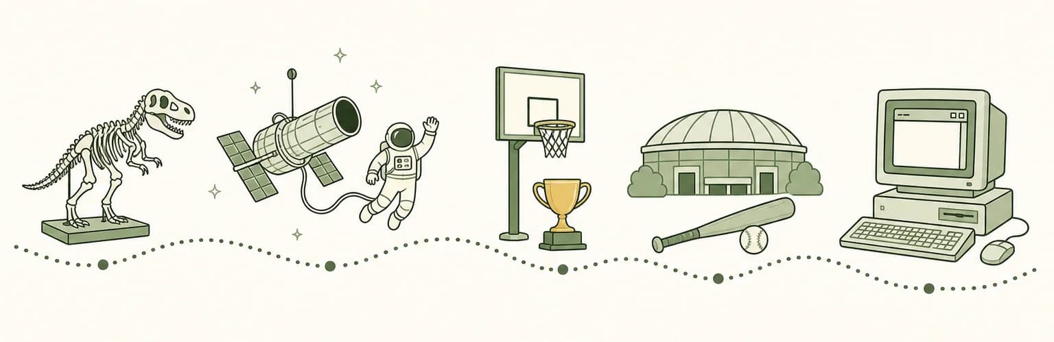 A cartoon timeline of 1993: a dinosaur skeleton, a space telescope beside a spacewalking astronaut, a basketball hoop with a trophy, a baseball bat in front of a domed stadium and a desktop computer with a browser window