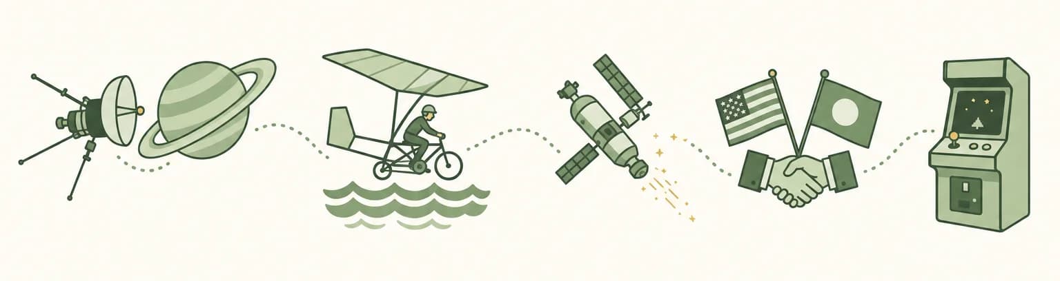 A cartoon timeline of 1979: a space probe passing a ringed planet, a pedal-powered aircraft over ocean waves, a tumbling space station with a trail of sparks, a handshake between two flags and an arcade cabinet