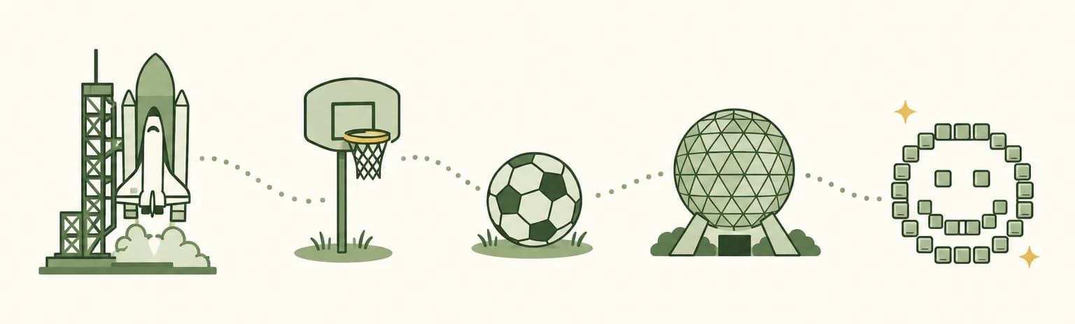 A cartoon timeline of 1982: a space shuttle on its launch pad, a basketball hoop, a soccer ball, a geodesic sphere and a smiley face made of keyboard characters