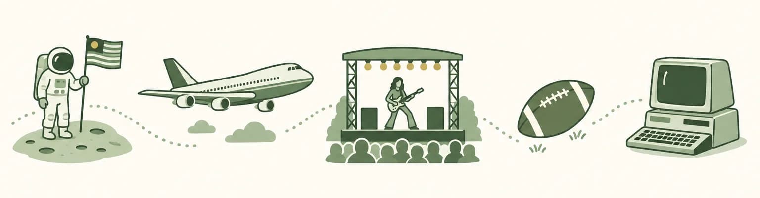 A cartoon timeline of 1969: an astronaut planting a flag on the Moon, a jumbo jet, a festival stage with a guitar, a football and a computer terminal