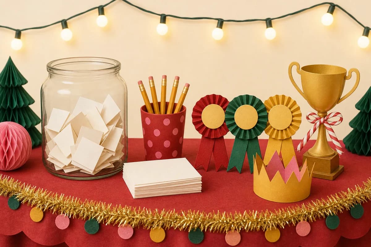 A ballot jar filled with folded slips sits on a table next to pencils, three award ribbons, a small gold trophy and a paper crown.