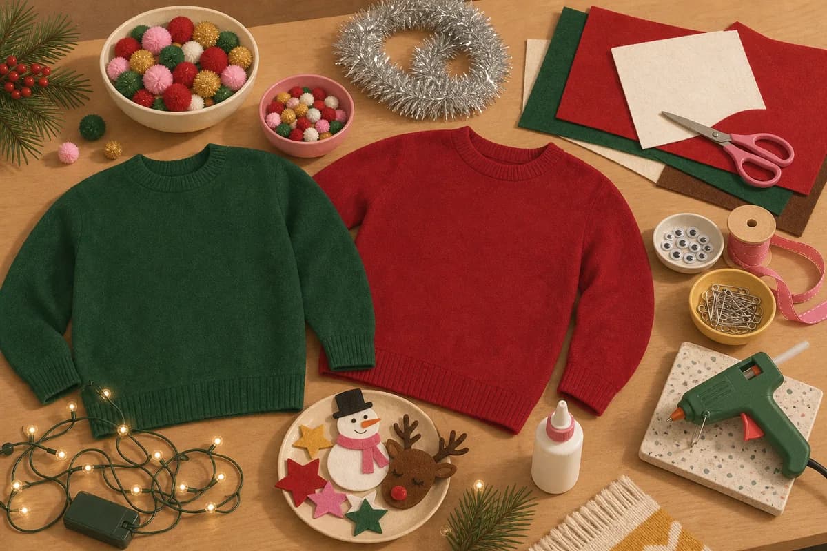 Two plain sweaters lie flat on a long craft table. Bowls of pom-poms and felt shapes sit around them, with tinsel and a string of battery lights.