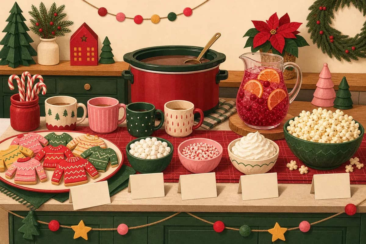 A snack counter with sweater-shaped iced cookies, a slow cooker of cocoa with mugs and toppings, a pitcher of red sparkling cranberry drink and a bowl of popcorn.
