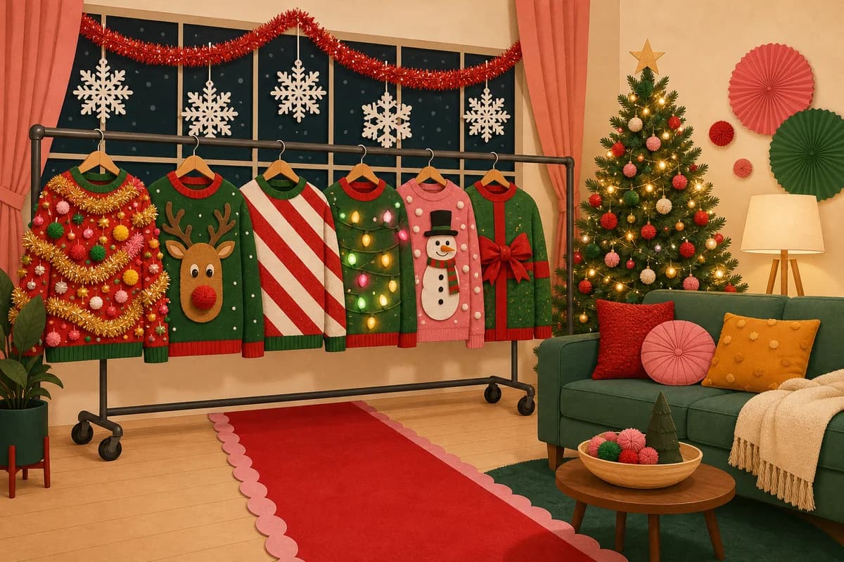 Six loud holiday sweaters hang on a garment rack in a living room. A red rug runs across the floor like a runway toward the sofa.