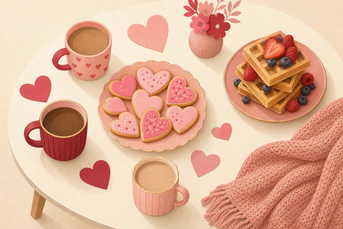 A coffee table with three mugs, heart-shaped cookies, waffles with berries and scattered paper hearts.