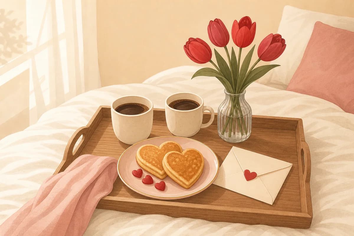 A breakfast tray with two mugs, red tulips, heart-shaped pancakes and a sealed envelope in morning light.