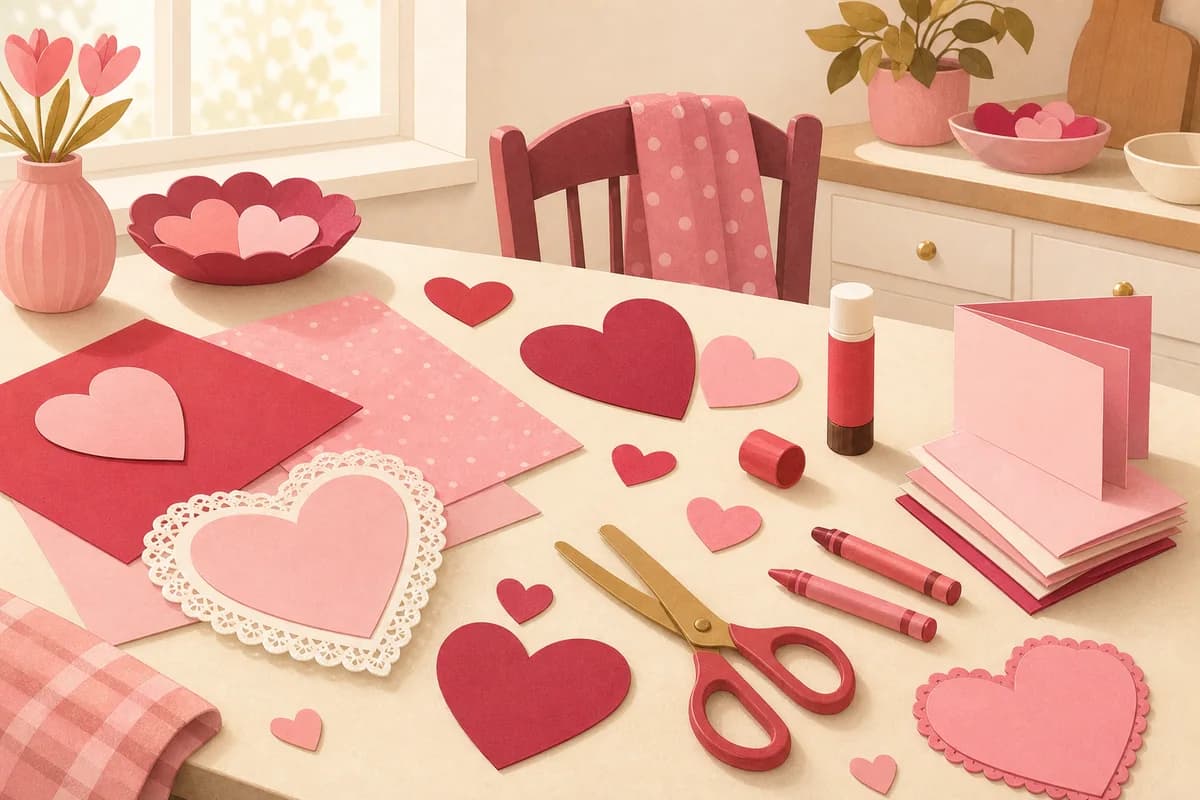 A kitchen table with paper hearts, crayons, safety scissors and a pile of small blank valentines.