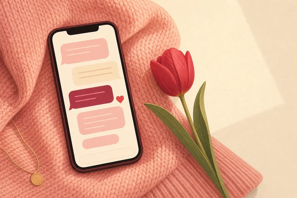 A phone on a pink blanket with blank message bubbles and a small heart on the screen, beside a red tulip.