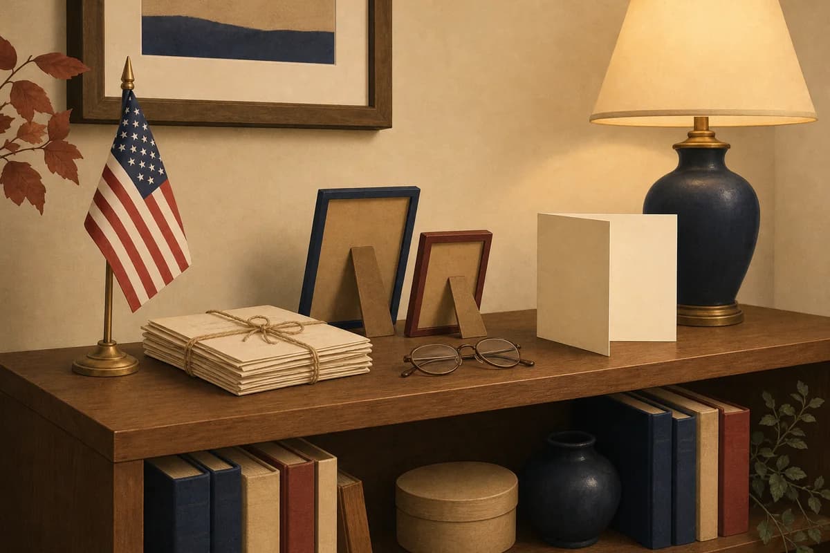 A bookshelf with a small flag in a stand, a bundle of old letters, two picture frames and an open card.