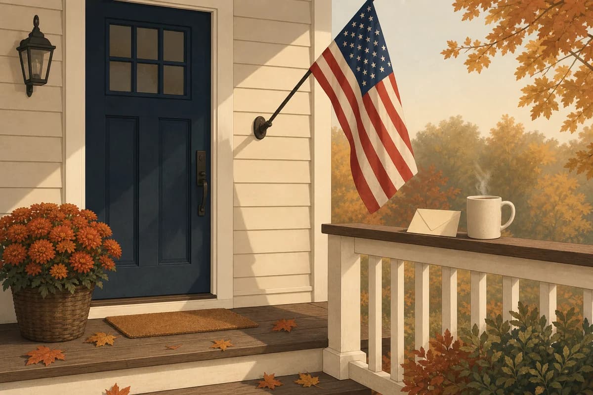 A front porch in autumn with a flag beside the door and an envelope and a mug on the railing.