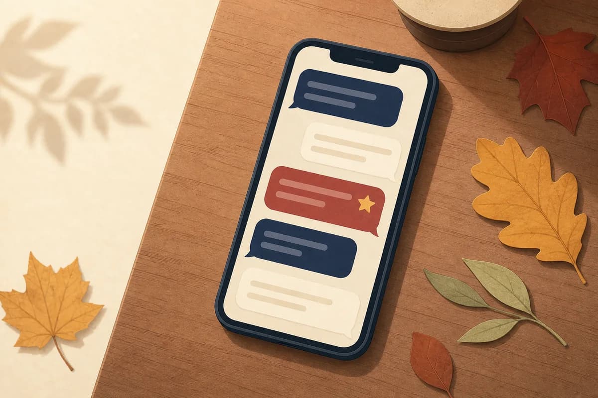 A phone on a table with blank message bubbles and a small star on the screen.