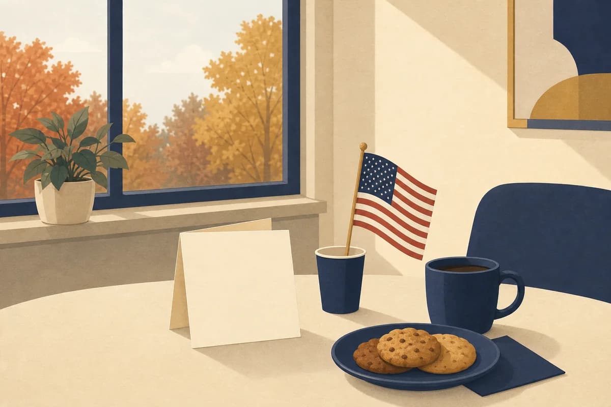 A break-room table with an open card, a small flag in a cup, a mug and cookies.