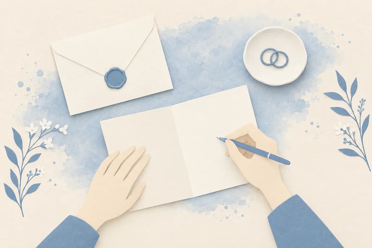 Two hands write inside an open blank card, next to an envelope closed with a dusty-blue wax seal and two interlocking rings on a small white dish.