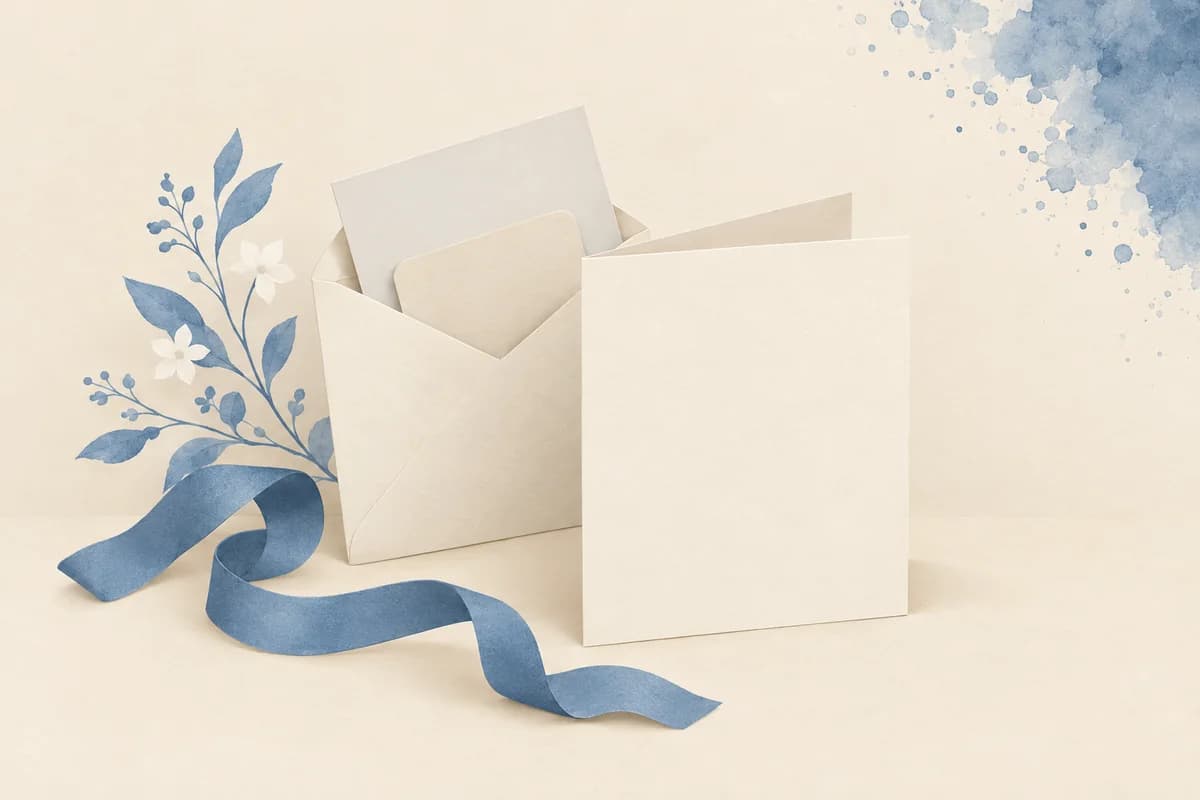 An open envelope holding a plain slip of paper and a blank gift card, next to a standing folded card and a curled dusty-blue ribbon.