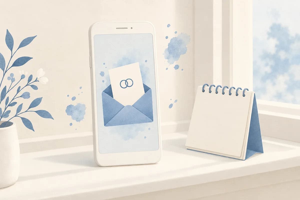 A phone on a windowsill shows a card with two rings rising out of an open envelope, next to a small blank desk calendar.
